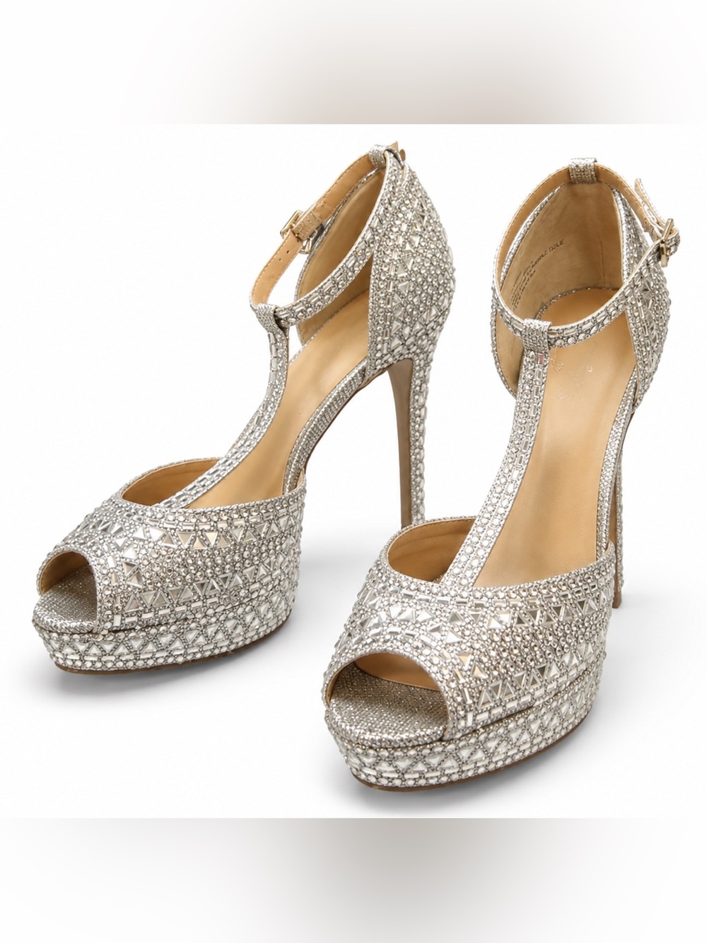Thalia Sodi Silver Rhinestone T-Strap Platform Heels Size 8